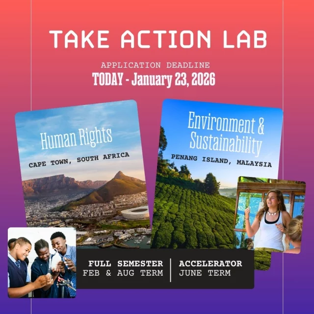 THIS IS IT 🛑 The countdown hits zero tonight!
Don't spend your 2026 in a traditional classroom! Spend it abroad in Cape Town or Penang Island, hands-on learning instead! This is your final chance to join Take Action Lab, to work alongside local leaders and learn how to make a difference.
FINAL HOURS! DEADLINE DAY! Choose your path: 
🌍 Semester or Summer 
⚖️ Human Rights or Environment & Sustainability
Don’t look back in June and wish you’d hit "submit." 
⚠️ Apply NOW!!! Submissions close at 11:59 PM local time! 
🔗 Link in bio to finish and submit your app!
#TakeActionLab #DeadlineDay #2026Goals #Changemakers