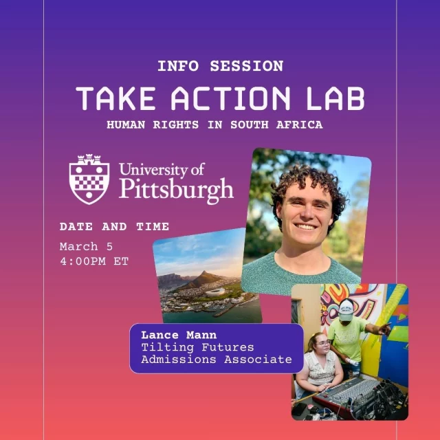 Ready to turn your passion into credits and impact? 🎥✨
If you have your sights set on the August 2026 term but want to make sure your application is airtight, this online event is for you! Join the Tiling Futures Admissions Team tomorrow to cover everything you need to know about joining our global community!
⏰ TOMORROW!! Thursday, March 5 at 4 PM Eastern Time
What’s on the agenda? 
✅ Insider Tips: Learn exactly what our admissions team looks for in a strong application. 
✅ Live Q&A: Get your pressing application questions answered in real-time by an admissions team member
✅ Earn 12 Credits: We will discuss the game-changing opportunity for students in our Take Action Lab: Human Rights program to receive academic credit through the University of Pittsburgh, while in Cape Town! 💡✊
A massive thank you to @pitt_johnstown and @upjglobalexp for championing this partnership with @pittofficial and @pittglobalexp. Now, you can learn by doing without missing a beat on your degree.
Note: The academic credit deadline is April 6, and the final August term deadline is April 10. The best time to prepare is now.
Don’t miss the chance to get the tools you need to succeed 🚀
👉 Reserve your spot for the Info Session at the link in our bio!
#TiltingFutures #TakeActionLab #UniversityOfPittsburgh  #PittStudents #HumanRightsEducation #GlobalLearning #EarnAcademicCredit #CapeTown #HandsOnLearning #ImmersiveLearning #StudentOpportunities #EducationForChange #TransformativeEducation #LearnByDoing #InfoSession