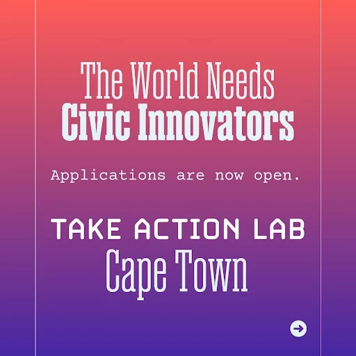 A new chapter begins. 

Introducing Take Action Lab: Civic Innovation in Cape Town [flag]. 

Spend a semester in Cape Town, a living classroom for civic systems and innovation, in a city and country with a remarkable story of transformation still unfolding. 

Build the skills to drive positive change wherever you are in the world. 

Applications now open. 

Link in bio. 

#TakeActionLab #TiltingFutures #CivicInnovation #CapeTown #SouthAfrica  #SocialImpact #ExperientialLearning #GlobalChangemakers