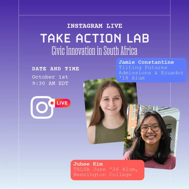 🇿🇦 What can the Take Action Lab Accelerator in South Africa look like? Ask Juhee!
Join us tomorrow, October 1 at 9:30 AM EDT for an Instagram Live with Juhee Kim, Take Action Lab Accelerator South Africa June ’26 alum and student at Bennington College! ✨
@jkim25kimj spent her summer in Cape Town with the TAL Accelerator program combining immersive learning, cultural exploration, community, and a hands-on apprenticeship.
She’ll join Jamie, an Ecuador ’18 alum and member of the Tilting Futures Admissions team, to share what her Accelerator experience was really like. 🌍
We’ll chat about:
🏠 Living and learning alongside a global cohort
🤝 Her apprenticeship and everyday life in TAL
🇿🇦 Exploring Cape Town and connecting with the local community
💭 The experiences that challenged her and helped her grow
🎓 Taking what she learned back to college
💡 Her advice for future TAL applicants
💬 With applications closing October 2, bring your questions! We’ll leave time to answer them live.
📅 October 1
⏰ 9:30 AM EDT
📍 Right here on Instagram Live
Can’t wait until tomorrow? Join us today at 3:30 PM EDT for our Live with Ana Luiza Fortes about her Take Action Lab experience in Malaysia! 🇲🇾
#TakeActionLab #TiltingFutures #SouthAfrica #ExperientialLearning #GlobalLearning
